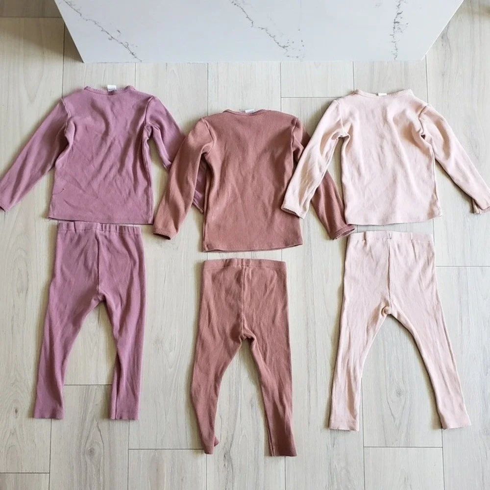 H&M Neutral Lot Girls 2/3T Ribbed Henley Loungewear 3 Matching Shirt Legging Set - Picture 2 of 7